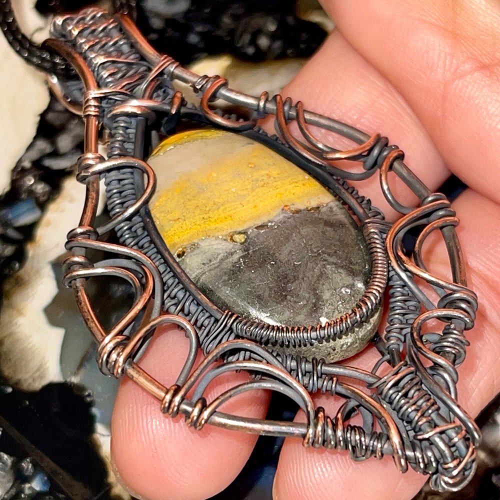 Copper Wire-Wrapped Indonesian Bumblebee Jasper Pendant 2 7/8”